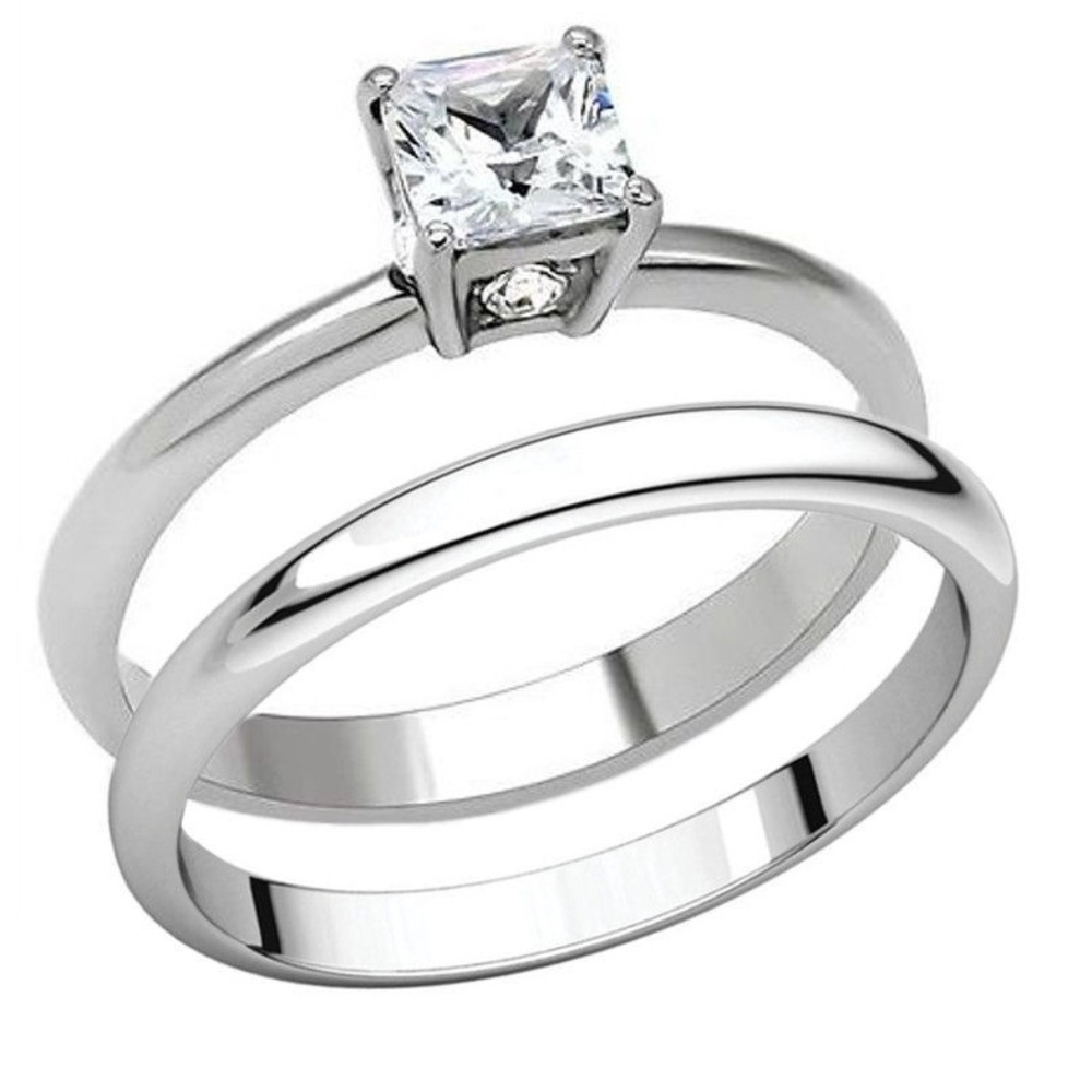 Women's Princess Cut Solitaire CZ Band Ring Set
